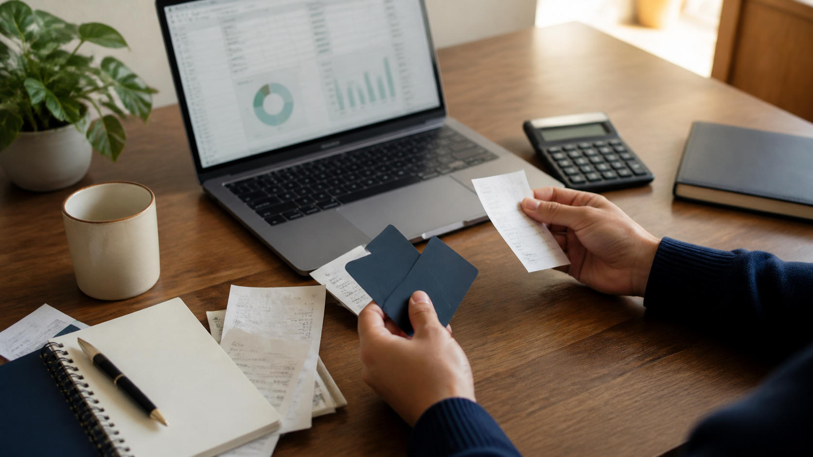 Small-business owner reviewing receipts and blank payment cards