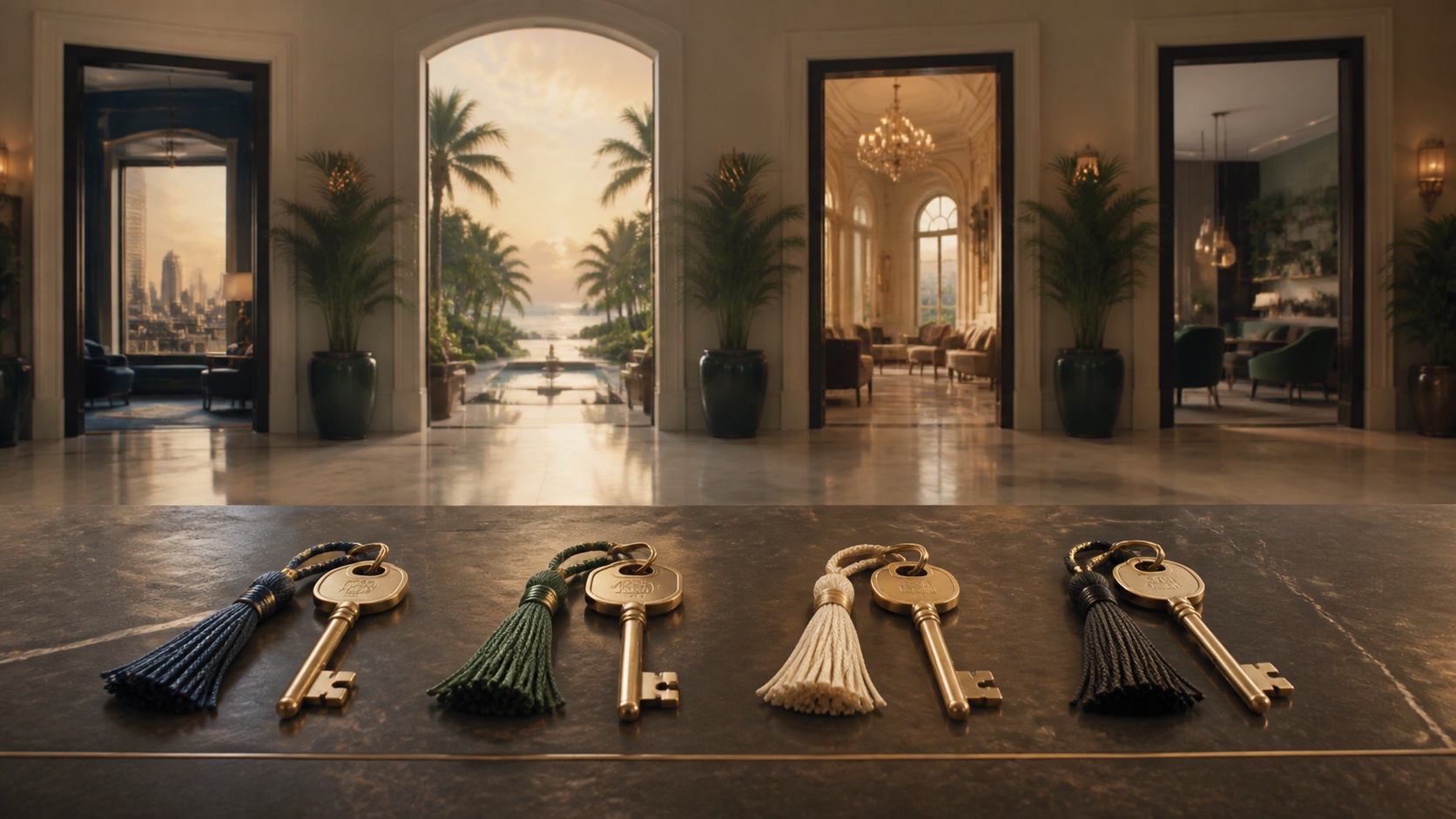 Four distinctive hotel keys leading toward four resort paths