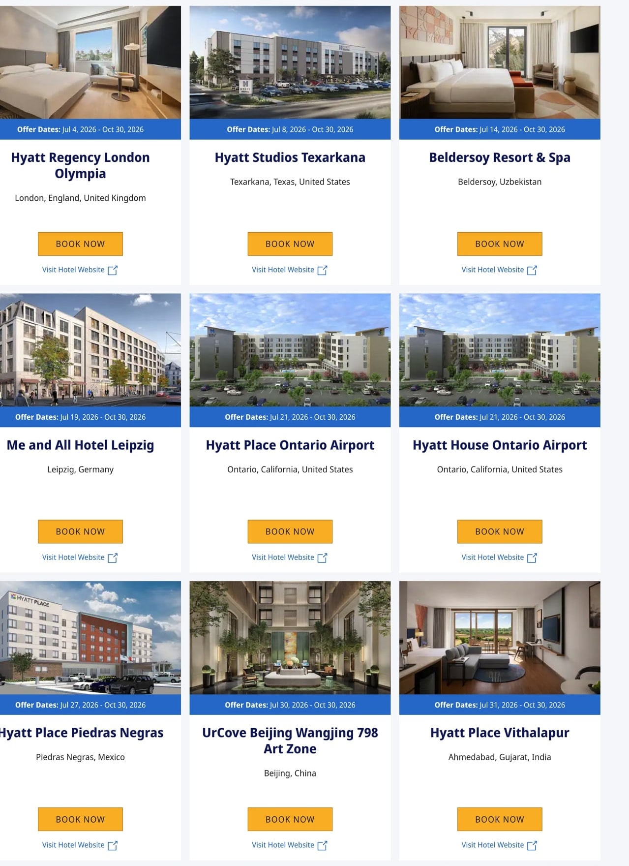 Hyatt 官方活动页中的参与酒店、酒店照片与奖励日期